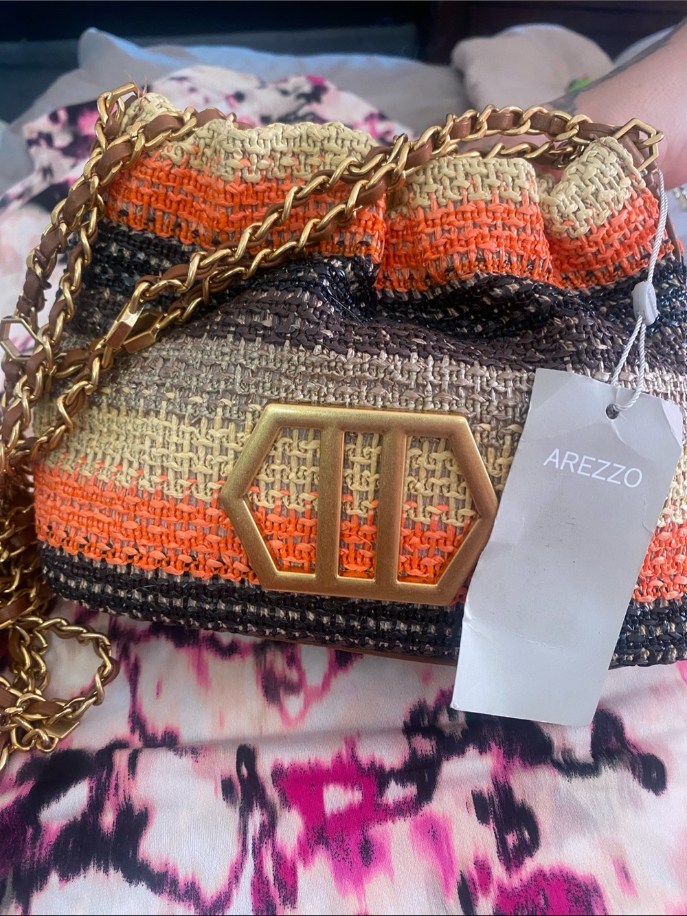 Arezzo Striped Woven Chain Crossbody Bag — Orange & Beige